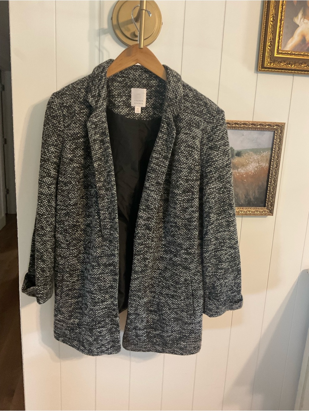 LC Lauren Conrad Black & White Bouclé Open Front Blazer